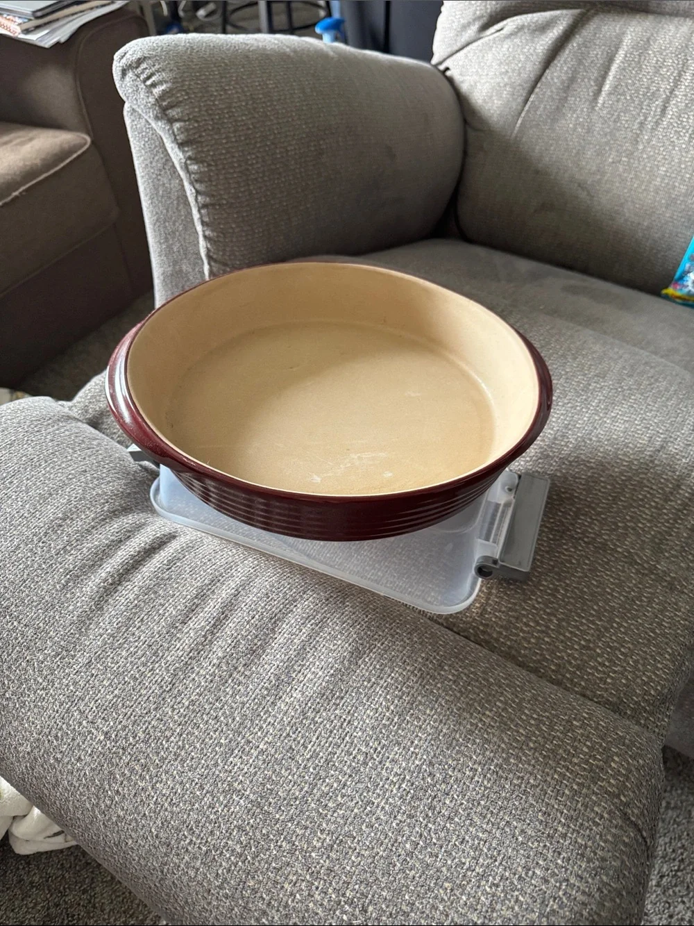 The Pampered Chef Round Ceramic Baker in Burgundy and Cream
